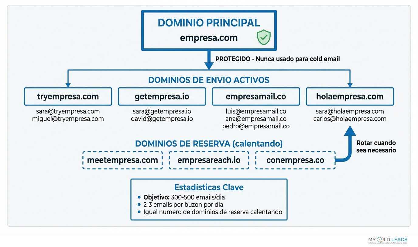 Infraestructura de dominios para cold email - dominio principal protegido, dominios secundarios para envío, dominios de reserva en calentamiento