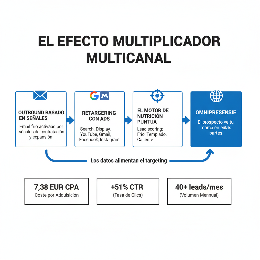 Efecto multiplicador multicanal: outbound basado en señales alimenta retargeting con ads, scoring del motor de nutrición y omnipresencia